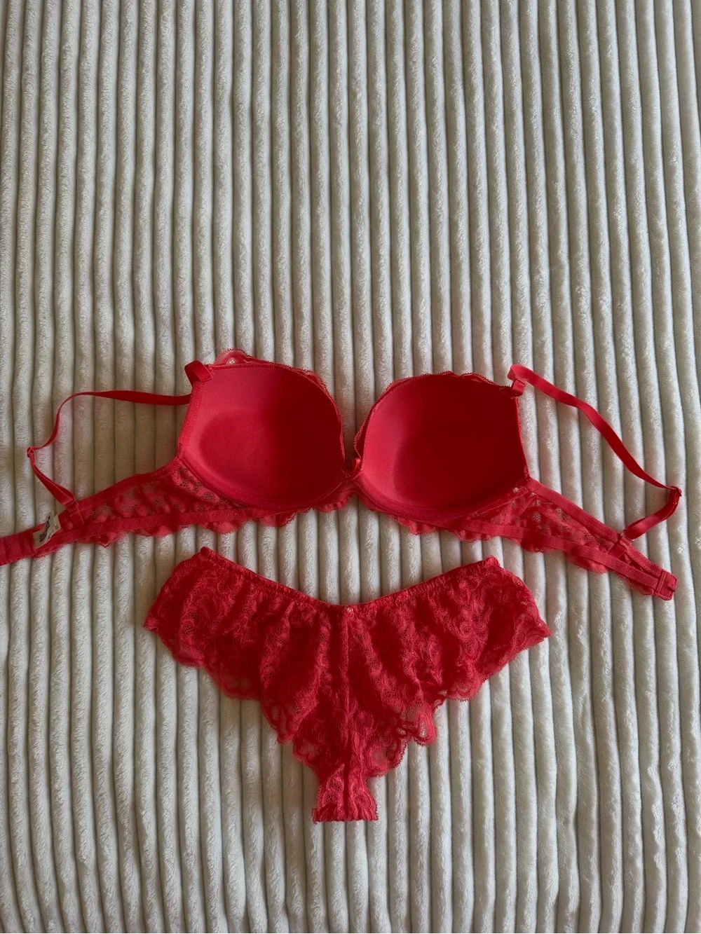 Coral Lace Push-Up Bra and Matching Bikini Panty Set